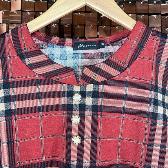 Retro Check Plaid Long Sleeve w Faux Sleeve Pearl Button Size Medium P2P 20-21” - Picture 3 of 10